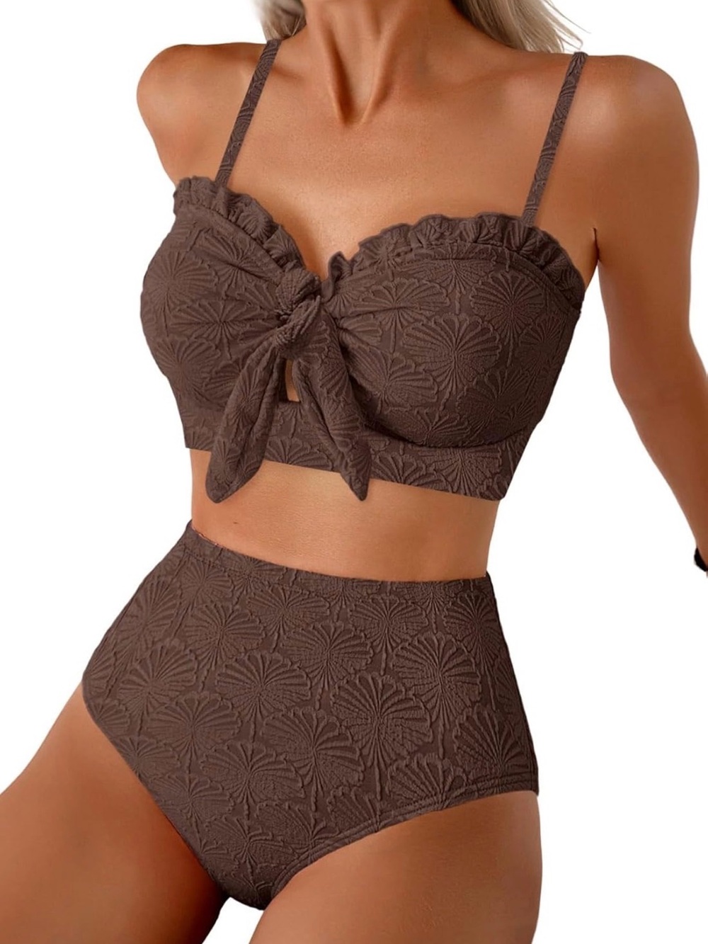 Textured High-Waist Brown Bikini Set with Tie-Front Top